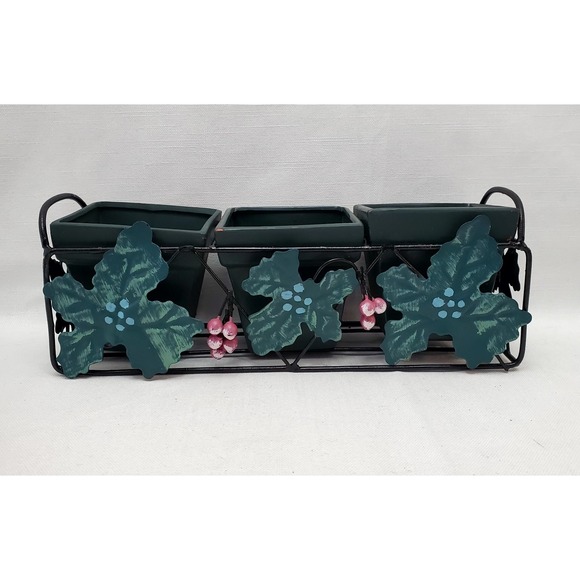 The Unbranded Brand Other - Vintage Square 3 Green Clay Pots With Metal Ivy‎ Leaves Planter Rack 11" x 4"